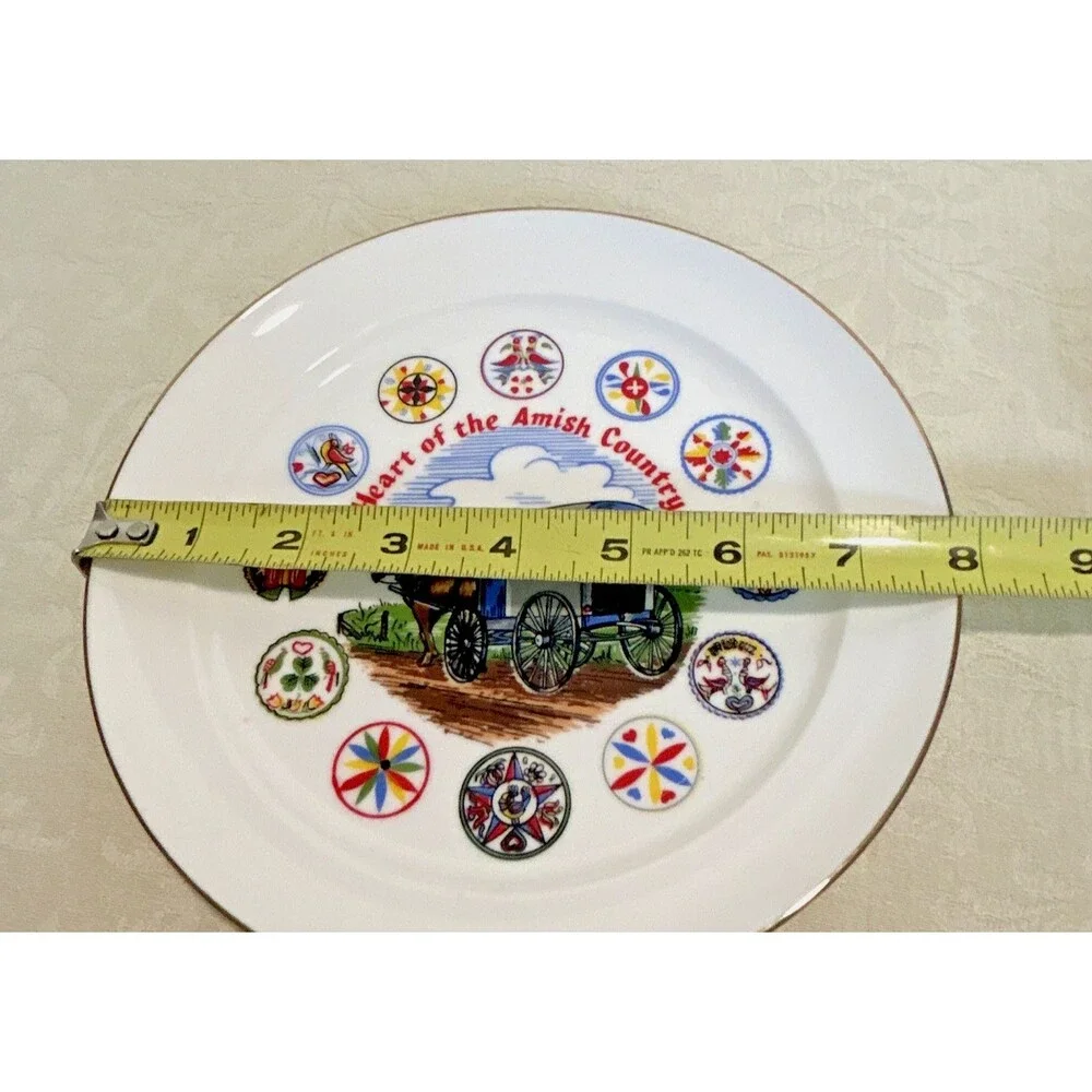 Heart of the Amish Country Decorative Plate Gold Rim Hex Signs Horse Buggy Japan